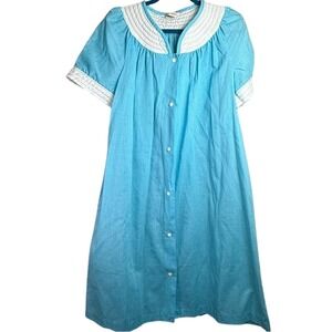 Vintage Dan Ellen Duster Housecoat Blue‎ Polka Dot Button-Up Nightgown Robe L/XL